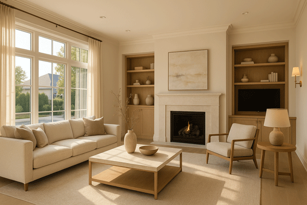 A modern living room with a neutral color palette, featuring a light sofa, wooden coffee table, and decorative shelves. A fireplace is centered on the wall, and large windows allow natural light to flood the space.