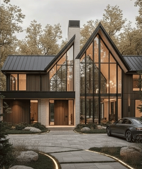 Modern residential home design featuring a striking facade with large glass windows and a combination of natural stone and wood elements, surrounded by greenery and a stone pathway.