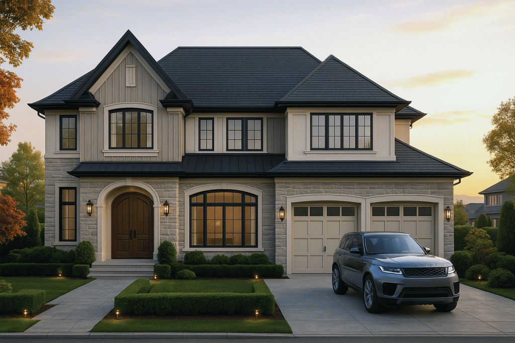 A modern two-story house with a stone facade, large windows, and a dark roof, featuring a well-maintained front yard and a luxury vehicle parked in the driveway.